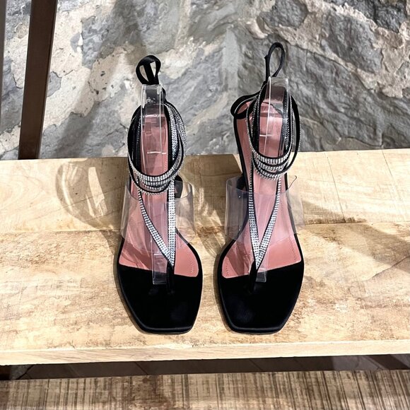 Amina Muaddi Zula Black Satin Clear Rhinestone Thong Heeled Sandals - Picture 2 of 11